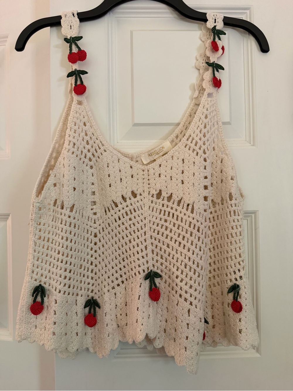 Revolution Cream Crochet Tank with Red Cherry Embellishments